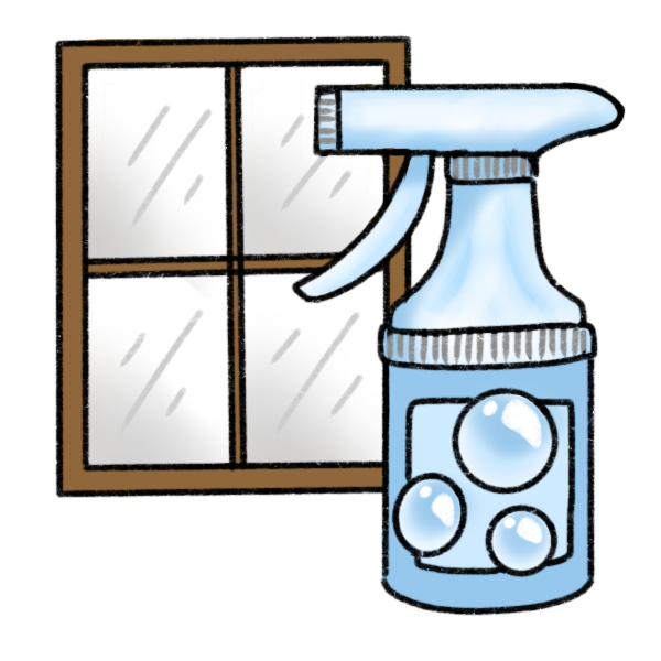 a blue spray bottle with bubbles on it, in front of a window.